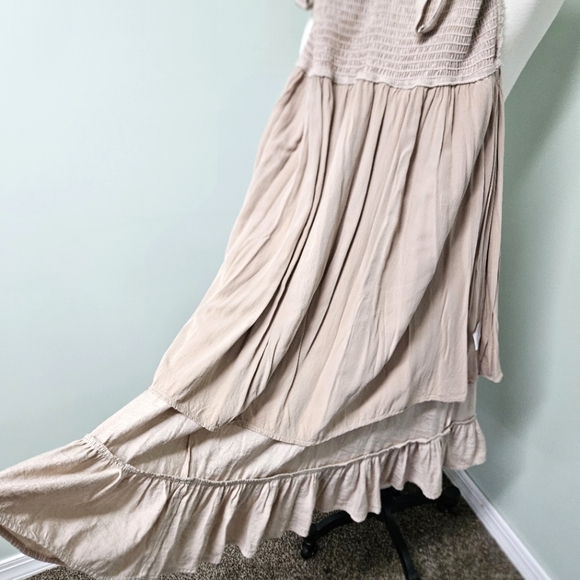 Blu Ivy Smocked Ruffle Midi Dress Beige Latte Cottagecore Bohemian Summer Beach - Picture 15 of 16